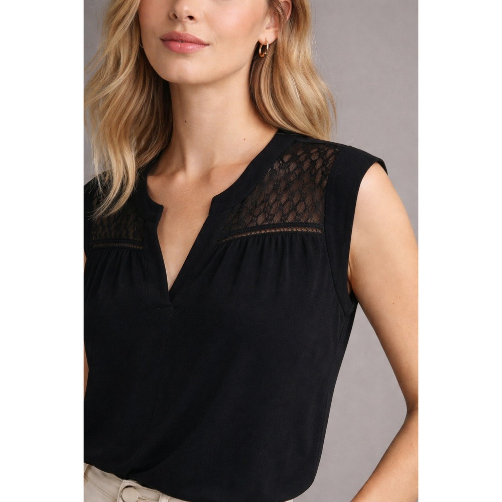 New Vince Camuto Sleeveless Lace Blouse S-L Black Designer Split Neck Chic Top